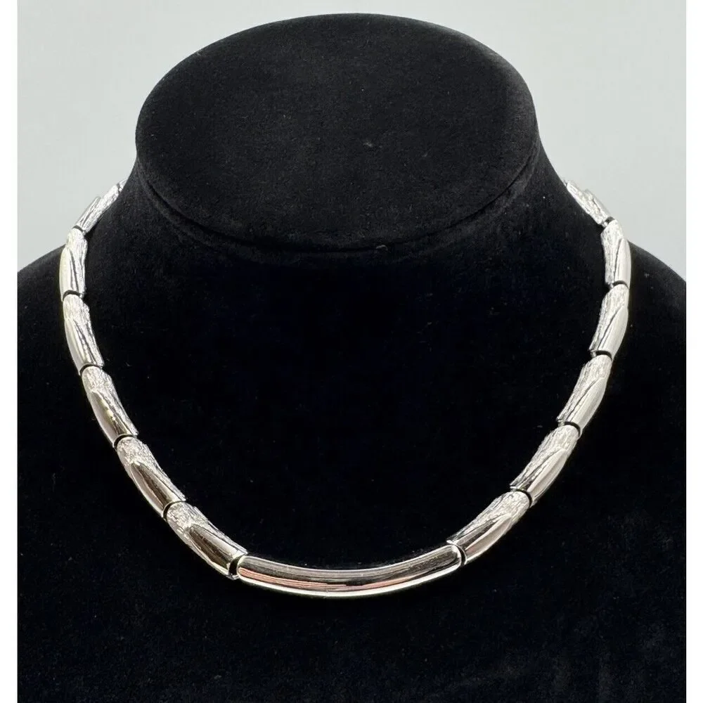 Monet Signed Silver Tone Brushed Polished Vintage Choker Necklace Estate Jewelry